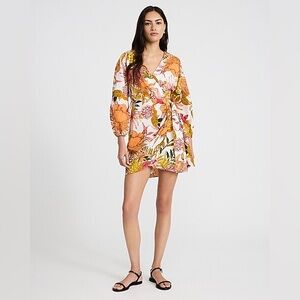 Express Floral Linen-Blend V-Neck Long Sleeve Tie Wrap Mini Sheath Dress size L